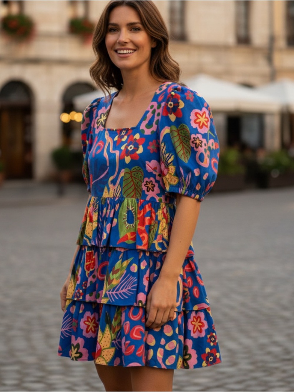 Alden Adair Blue Amazonian Nights Floral Tiered Puff-Sleeve Rebecca Dress